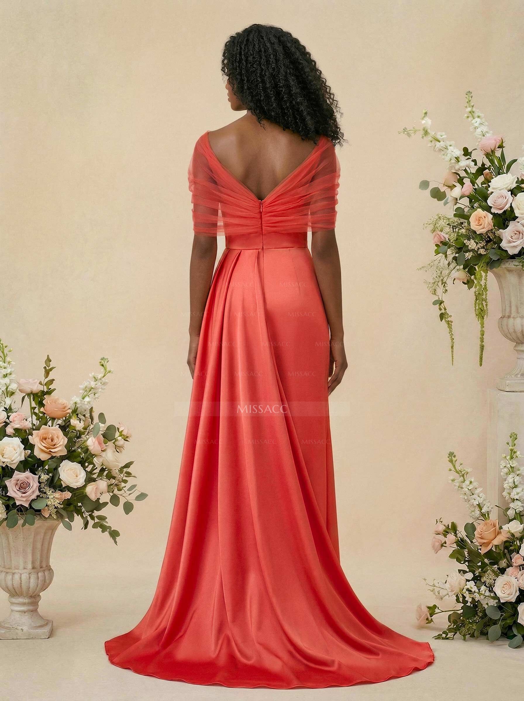 Trumpet/Mermaid Off-The-Shoulder Satin/Tulle Bridesmaid Dresses With Split Front