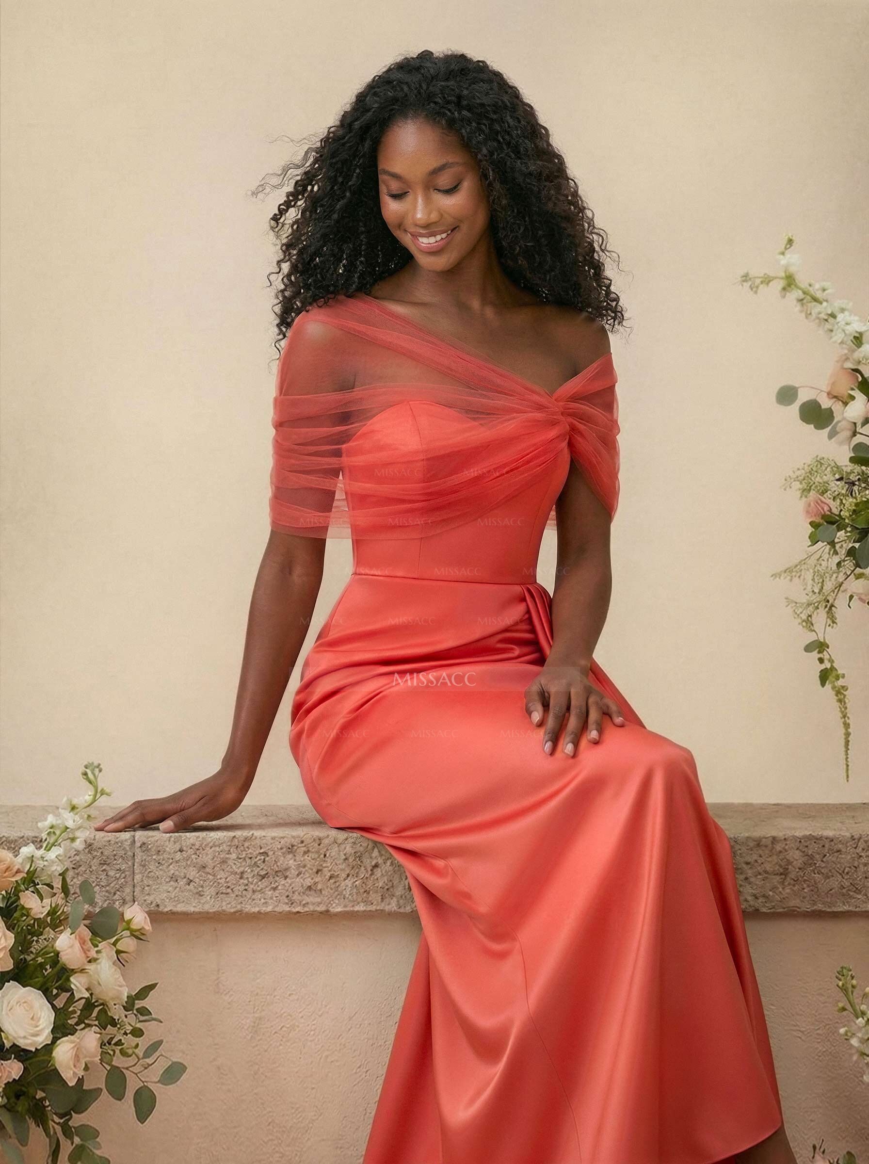 Trumpet/Mermaid Off-The-Shoulder Satin/Tulle Bridesmaid Dresses With Split Front