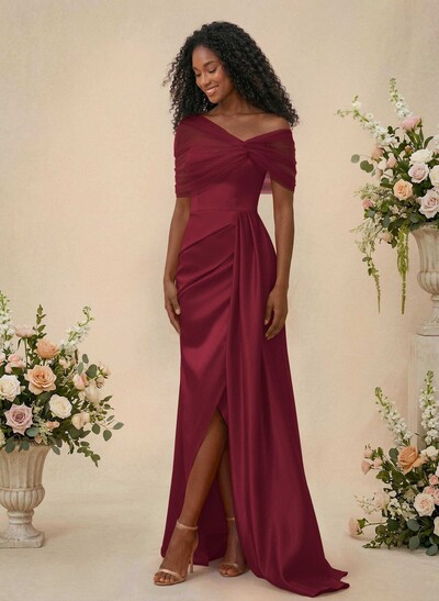 Trumpet/Mermaid Off-The-Shoulder Satin/Tulle Bridesmaid Dresses With Split Front