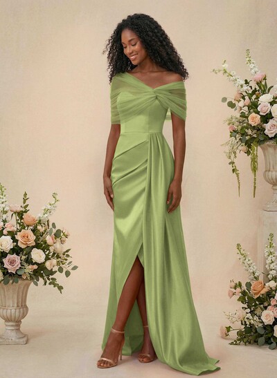 Trumpet/Mermaid Off-The-Shoulder Satin/Tulle Bridesmaid Dresses With Split Front