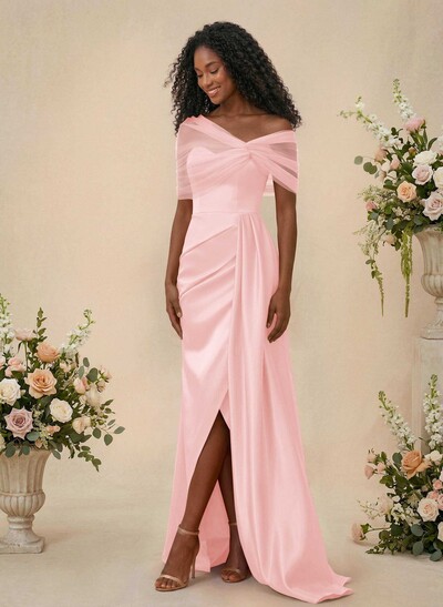Trumpet/Mermaid Off-The-Shoulder Satin/Tulle Bridesmaid Dresses With Split Front