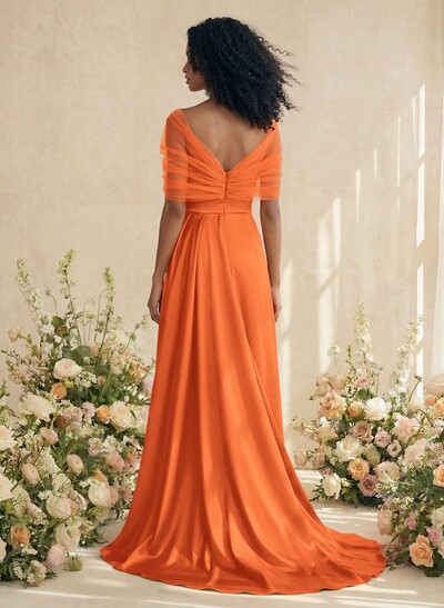 Trumpet/Mermaid Off-The-Shoulder Satin/Tulle Bridesmaid Dresses With Split Front
