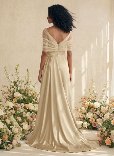 Trumpet/Mermaid Off-The-Shoulder Satin/Tulle Bridesmaid Dresses With Split Front