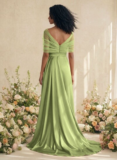 Trumpet/Mermaid Off-The-Shoulder Satin/Tulle Bridesmaid Dresses With Split Front