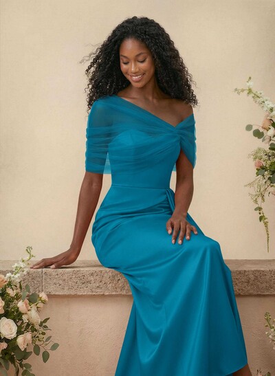 Trumpet/Mermaid Off-The-Shoulder Satin/Tulle Bridesmaid Dresses With Split Front