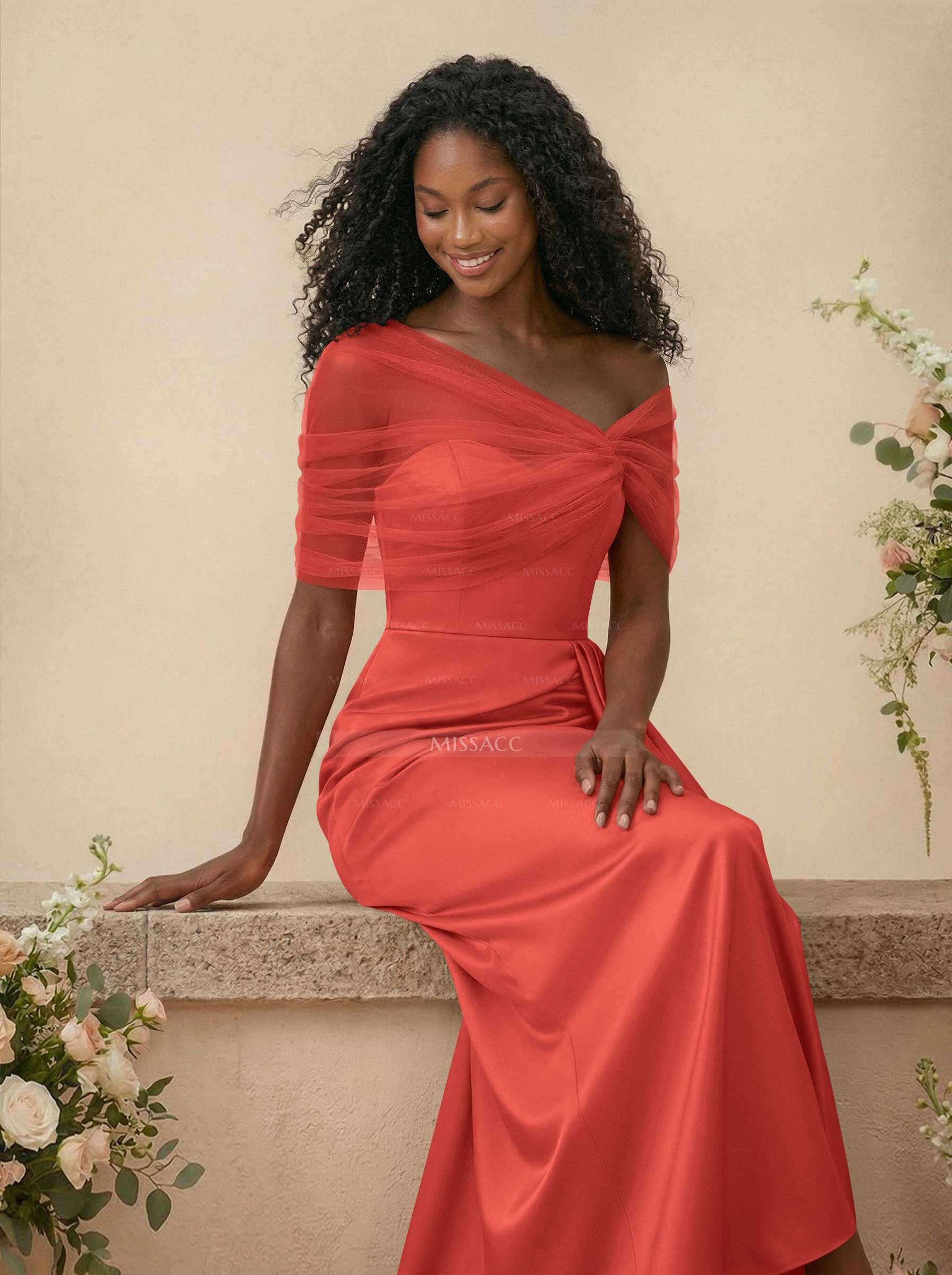 Trumpet/Mermaid Off-The-Shoulder Satin/Tulle Bridesmaid Dresses With Split Front
