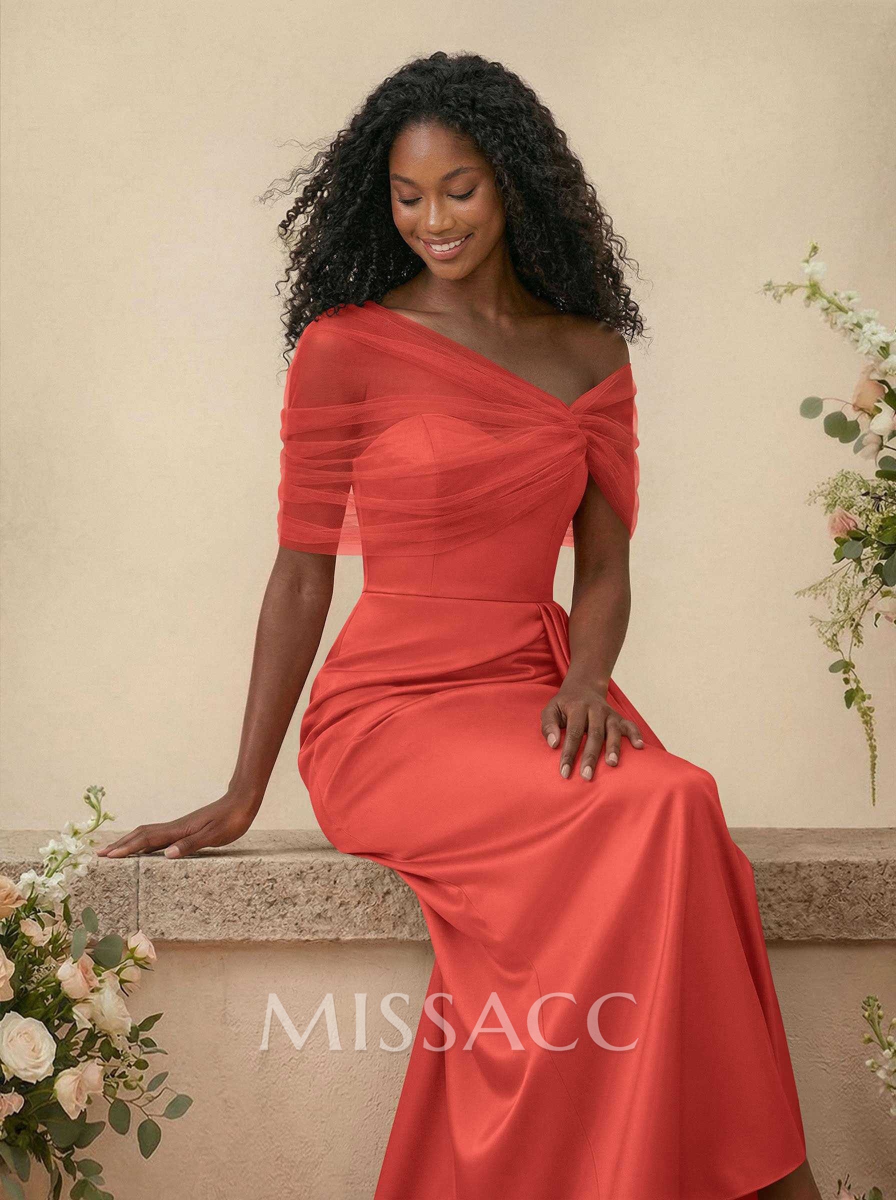 Trumpet/Mermaid Off-The-Shoulder Satin/Tulle Bridesmaid Dresses With Split Front