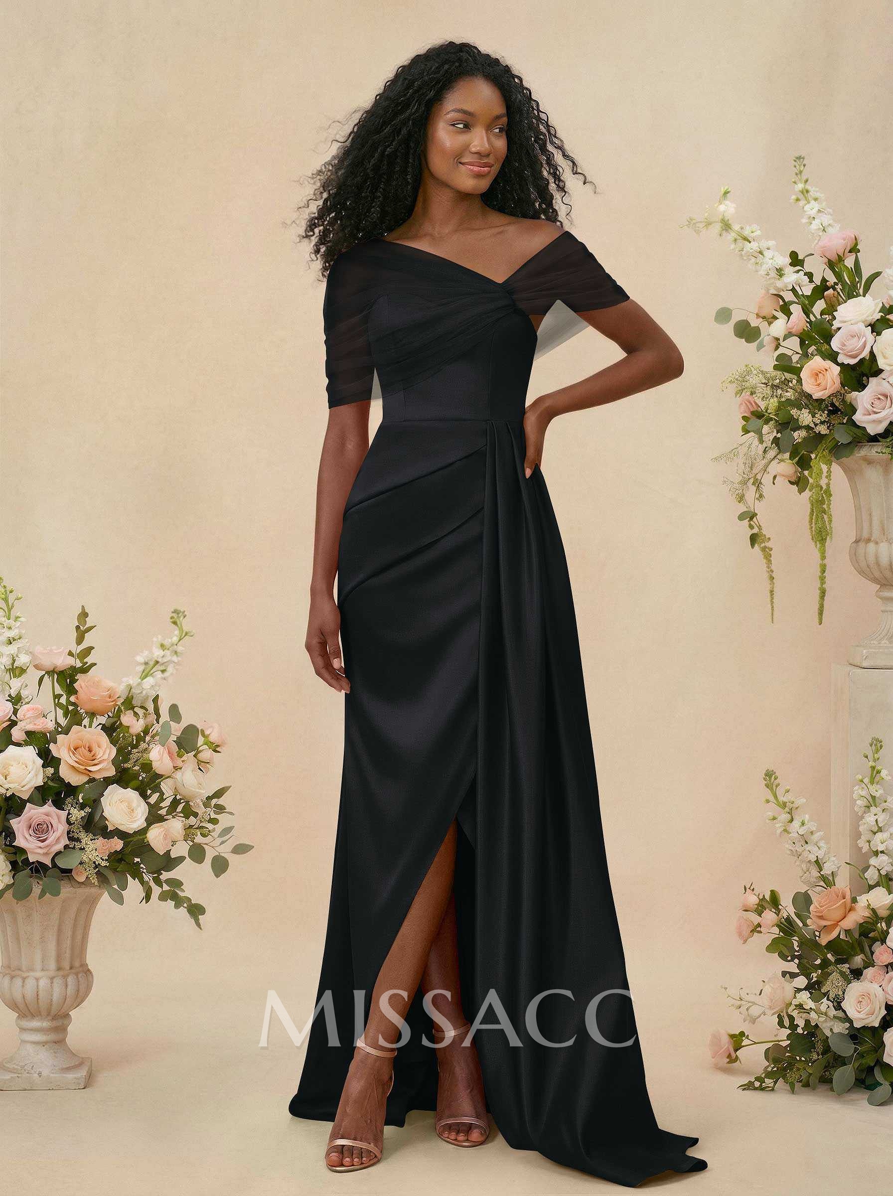 Trumpet/Mermaid Off-The-Shoulder Satin/Tulle Bridesmaid Dresses With Split Front