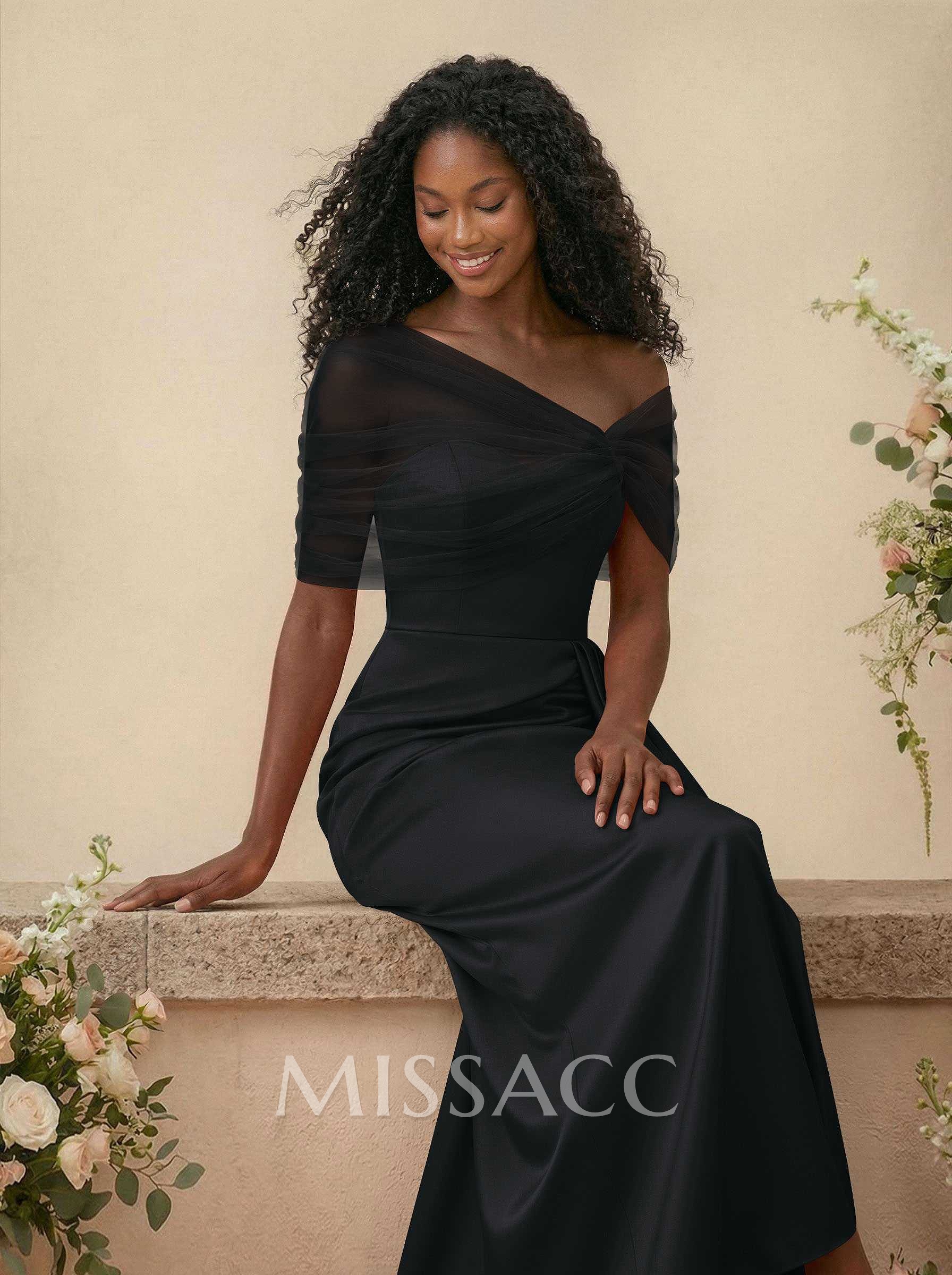 Trumpet/Mermaid Off-The-Shoulder Satin/Tulle Bridesmaid Dresses With Split Front