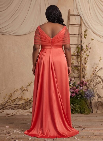 Trumpet/Mermaid Off-The-Shoulder Satin/Tulle Bridesmaid Dresses With Split Front