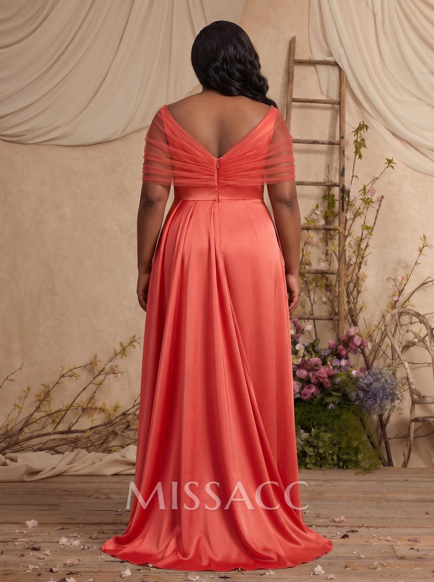 Trumpet/Mermaid Off-The-Shoulder Satin/Tulle Bridesmaid Dresses With Split Front