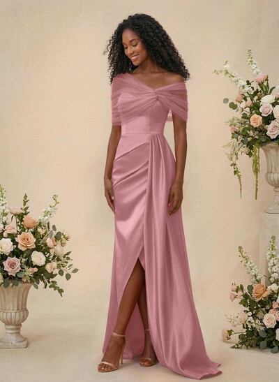 Trumpet/Mermaid Off-The-Shoulder Satin/Tulle Bridesmaid Dresses With Split Front