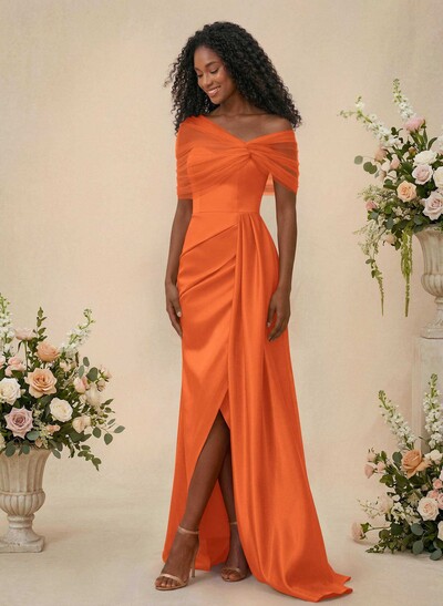 Trumpet/Mermaid Off-The-Shoulder Satin/Tulle Bridesmaid Dresses With Split Front
