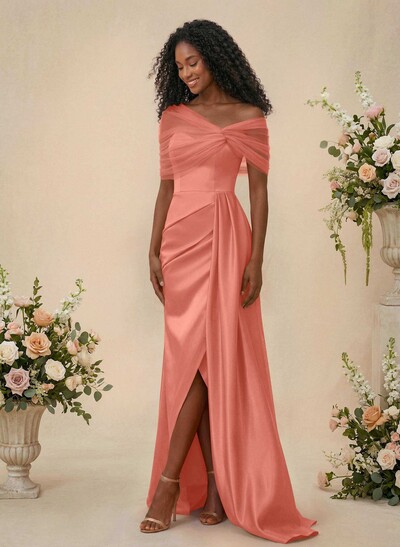 Trumpet/Mermaid Off-The-Shoulder Satin/Tulle Bridesmaid Dresses With Split Front