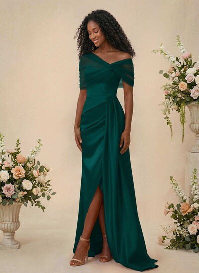 Trumpet/Mermaid Off-The-Shoulder Satin/Tulle Bridesmaid Dresses With Split Front