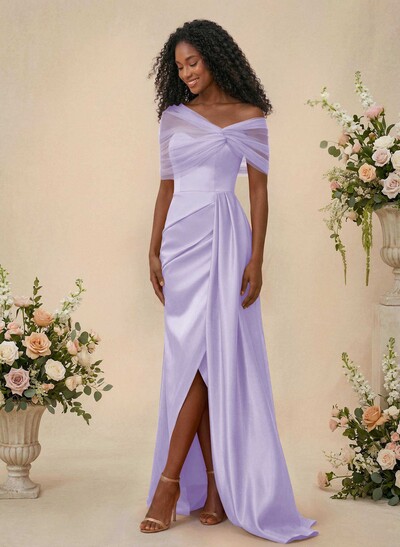 Trumpet/Mermaid Off-The-Shoulder Satin/Tulle Bridesmaid Dresses With Split Front