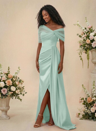 Trumpet/Mermaid Off-The-Shoulder Satin/Tulle Bridesmaid Dresses With Split Front