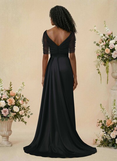 Trumpet/Mermaid Off-The-Shoulder Satin/Tulle Bridesmaid Dresses With Split Front