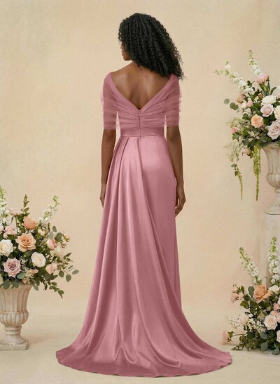 Trumpet/Mermaid Off-The-Shoulder Satin/Tulle Bridesmaid Dresses With Split Front