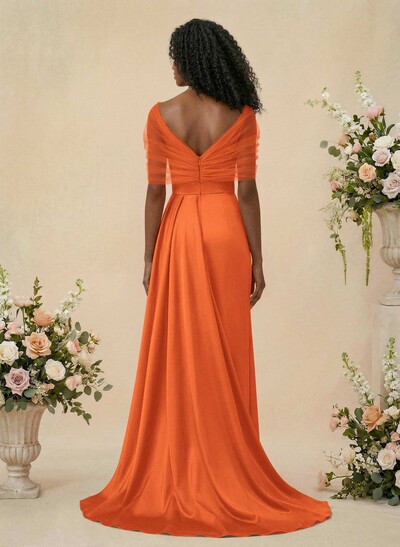 Trumpet/Mermaid Off-The-Shoulder Satin/Tulle Bridesmaid Dresses With Split Front