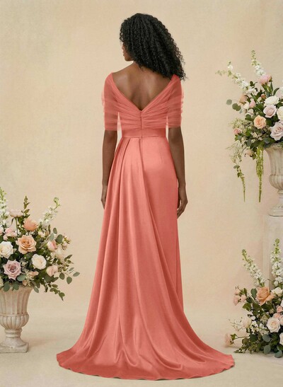 Trumpet/Mermaid Off-The-Shoulder Satin/Tulle Bridesmaid Dresses With Split Front