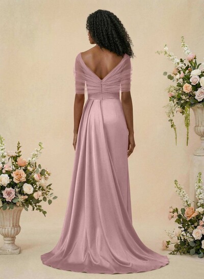 Trumpet/Mermaid Off-The-Shoulder Satin/Tulle Bridesmaid Dresses With Split Front