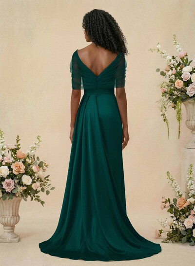 Trumpet/Mermaid Off-The-Shoulder Satin/Tulle Bridesmaid Dresses With Split Front