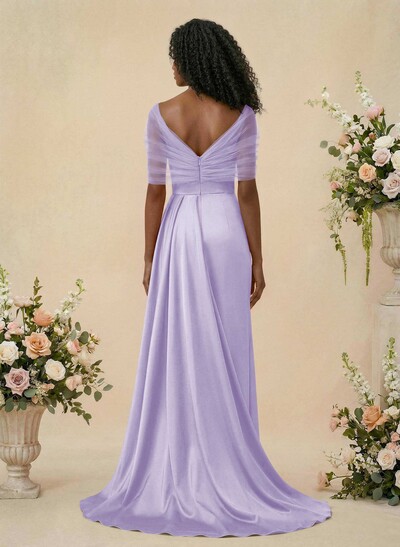 Trumpet/Mermaid Off-The-Shoulder Satin/Tulle Bridesmaid Dresses With Split Front
