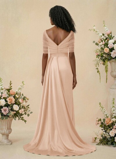 Trumpet/Mermaid Off-The-Shoulder Satin/Tulle Bridesmaid Dresses With Split Front