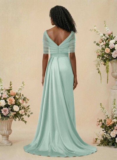 Trumpet/Mermaid Off-The-Shoulder Satin/Tulle Bridesmaid Dresses With Split Front
