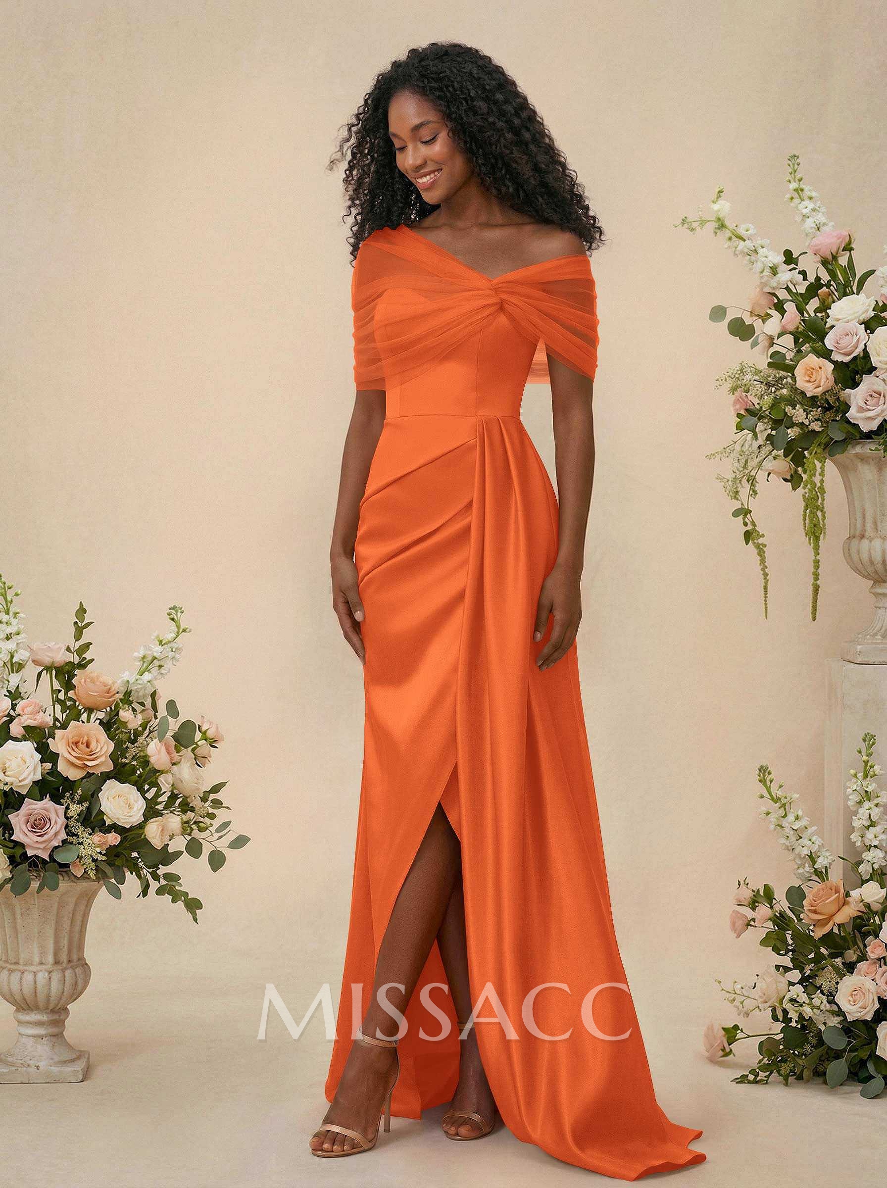 Trumpet/Mermaid Off-The-Shoulder Satin/Tulle Bridesmaid Dresses With Split Front
