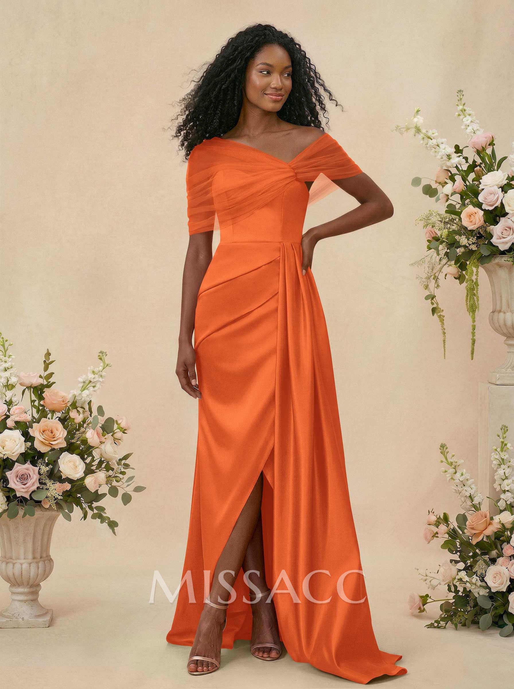 Trumpet/Mermaid Off-The-Shoulder Satin/Tulle Bridesmaid Dresses With Split Front