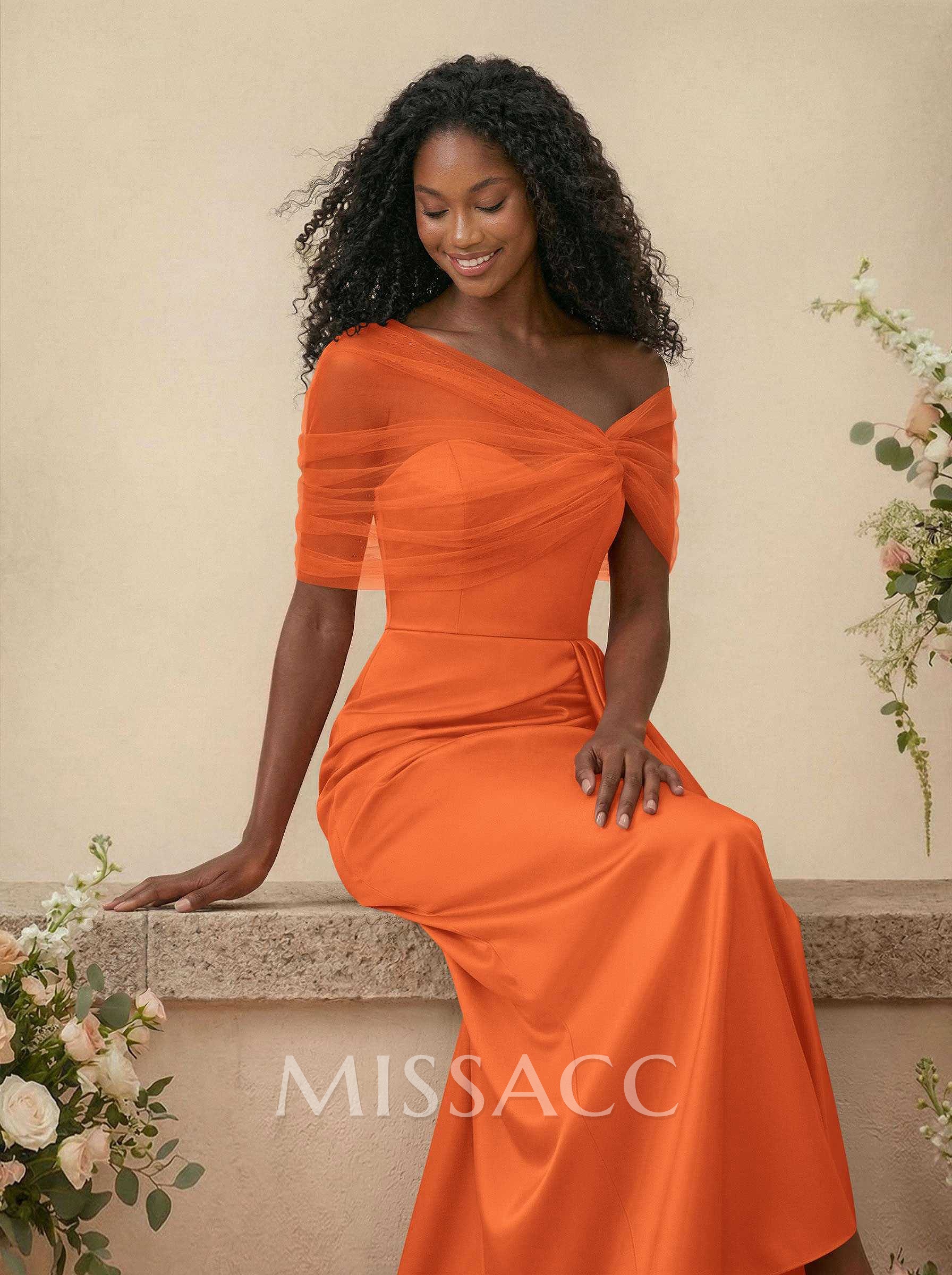 Trumpet/Mermaid Off-The-Shoulder Satin/Tulle Bridesmaid Dresses With Split Front