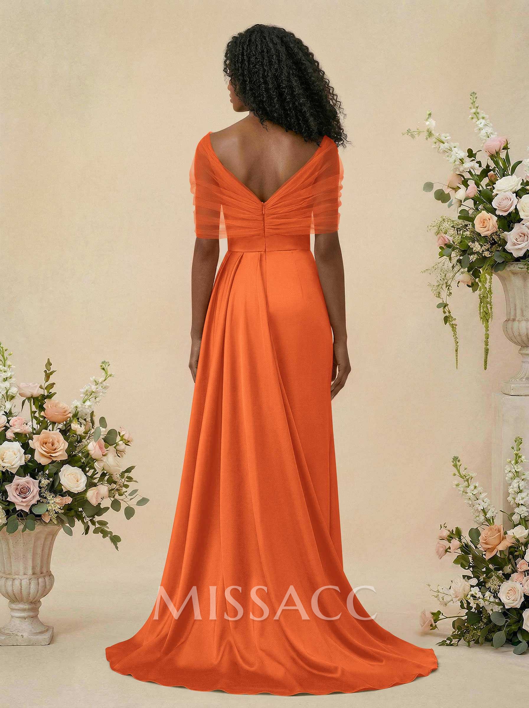 Trumpet/Mermaid Off-The-Shoulder Satin/Tulle Bridesmaid Dresses With Split Front