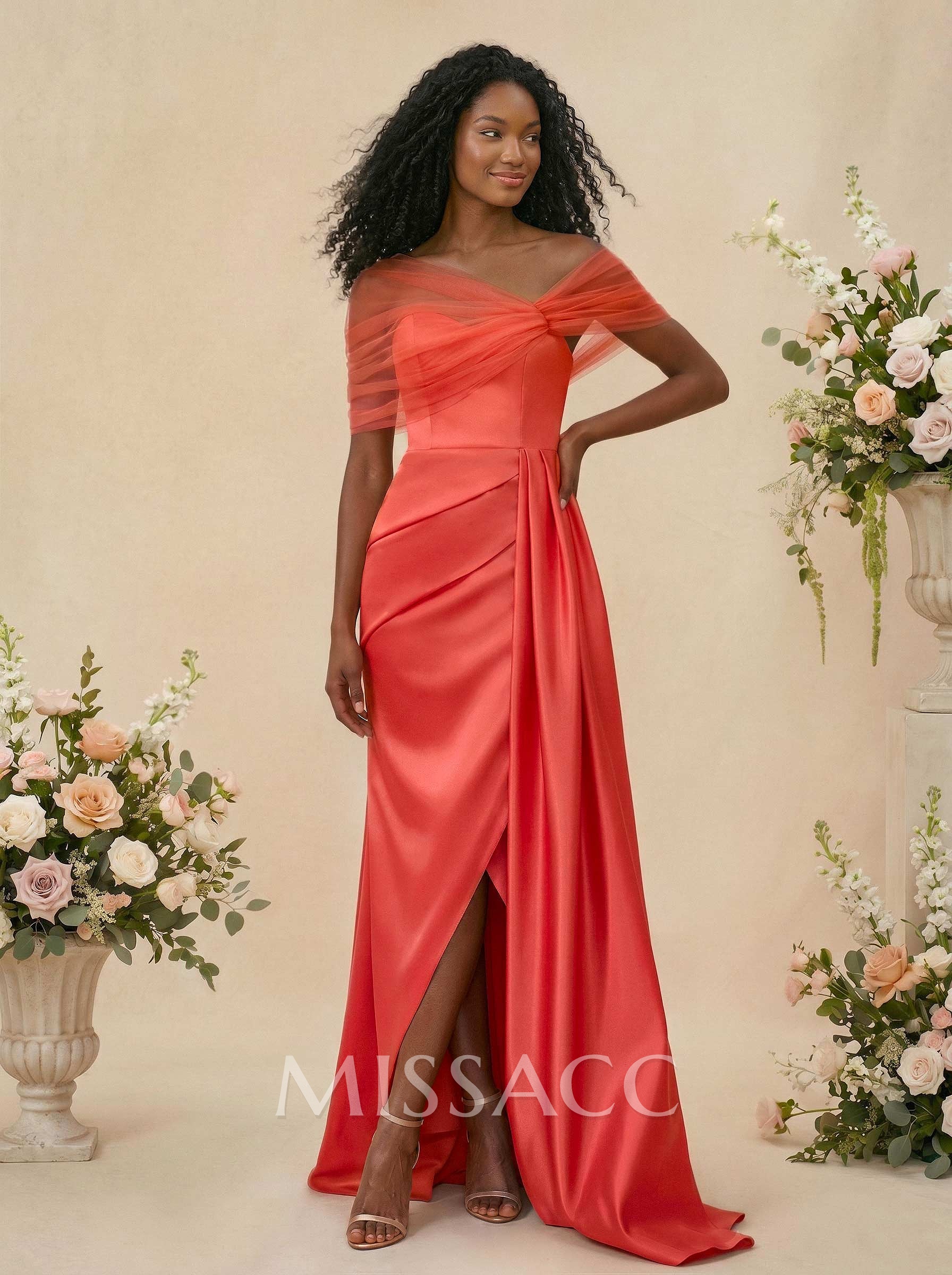 Trumpet/Mermaid Off-The-Shoulder Satin/Tulle Bridesmaid Dresses With Split Front