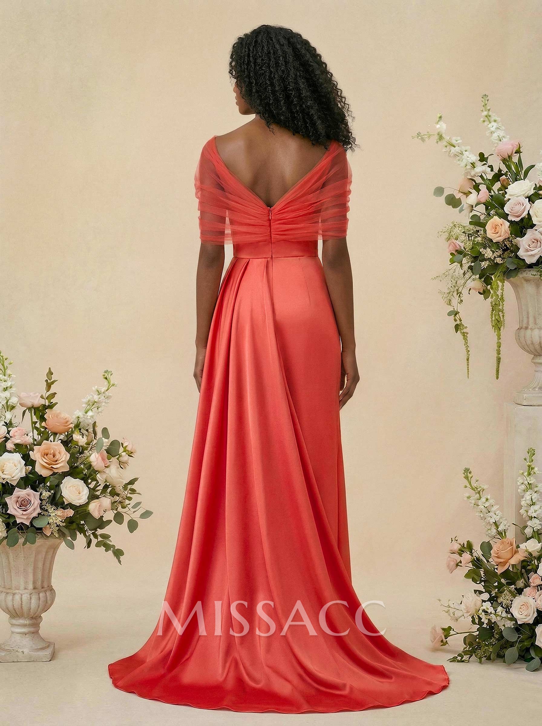 Trumpet/Mermaid Off-The-Shoulder Satin/Tulle Bridesmaid Dresses With Split Front