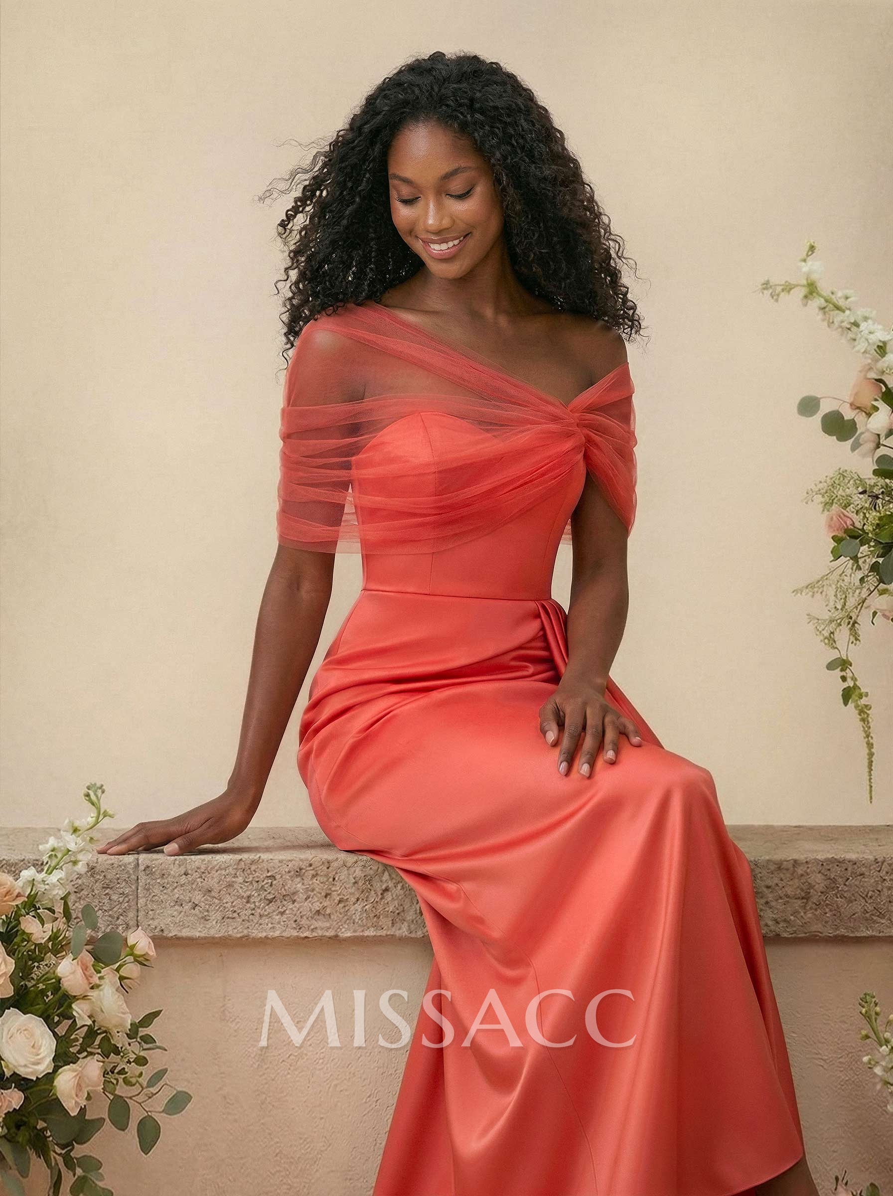 Trumpet/Mermaid Off-The-Shoulder Satin/Tulle Bridesmaid Dresses With Split Front