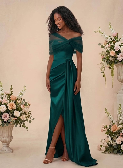 Trumpet/Mermaid Off-The-Shoulder Satin/Tulle Bridesmaid Dresses With Split Front
