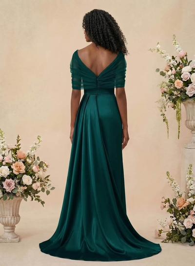 Trumpet/Mermaid Off-The-Shoulder Satin/Tulle Bridesmaid Dresses With Split Front