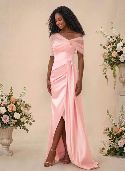 Trumpet/Mermaid Off-The-Shoulder Satin/Tulle Bridesmaid Dresses With Split Front