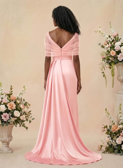 Trumpet/Mermaid Off-The-Shoulder Satin/Tulle Bridesmaid Dresses With Split Front