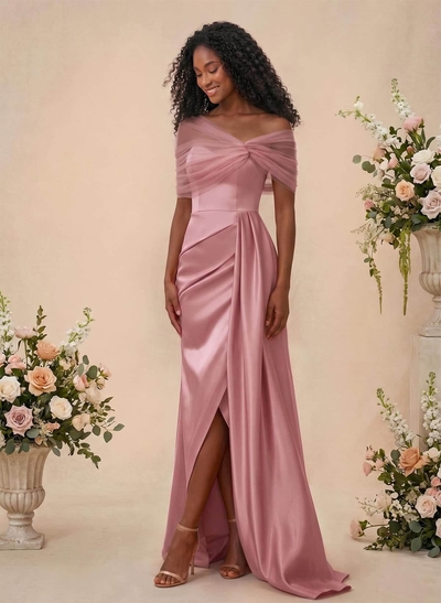 Trumpet/Mermaid Off-The-Shoulder Satin/Tulle Bridesmaid Dresses With Split Front