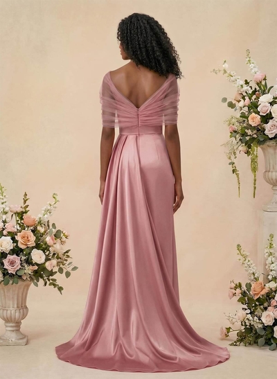 Trumpet/Mermaid Off-The-Shoulder Satin/Tulle Bridesmaid Dresses With Split Front