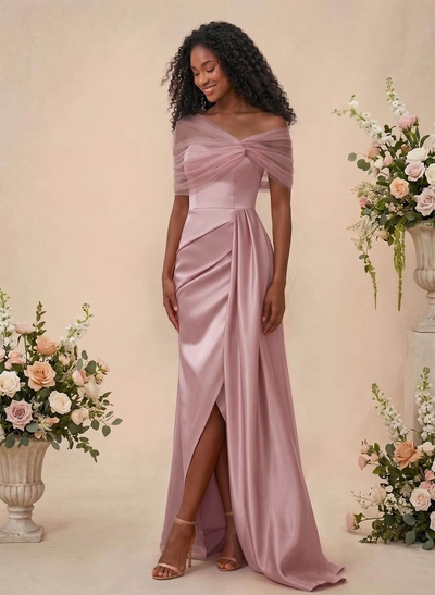 Trumpet/Mermaid Off-The-Shoulder Satin/Tulle Bridesmaid Dresses With Split Front