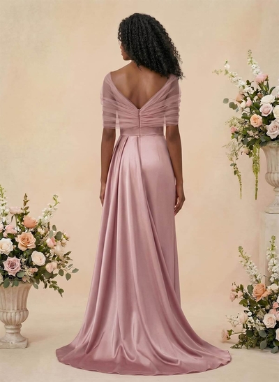 Trumpet/Mermaid Off-The-Shoulder Satin/Tulle Bridesmaid Dresses With Split Front