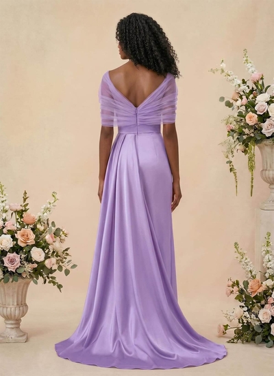 Trumpet/Mermaid Off-The-Shoulder Satin/Tulle Bridesmaid Dresses With Split Front
