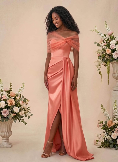 Trumpet/Mermaid Off-The-Shoulder Satin/Tulle Bridesmaid Dresses With Split Front