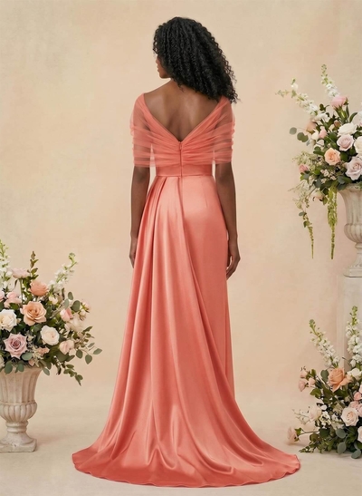 Trumpet/Mermaid Off-The-Shoulder Satin/Tulle Bridesmaid Dresses With Split Front