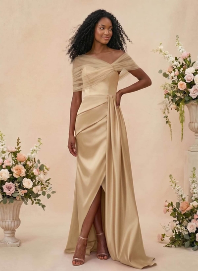 Trumpet/Mermaid Off-The-Shoulder Satin/Tulle Bridesmaid Dresses With Split Front