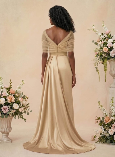 Trumpet/Mermaid Off-The-Shoulder Satin/Tulle Bridesmaid Dresses With Split Front